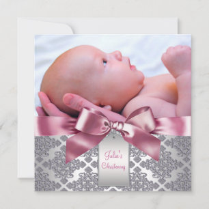 Rosa Damast Baby Mädchen Foto Taufe Einladung