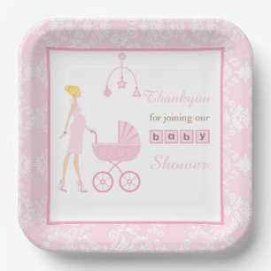 Rosa Damast Blondine Baby Shower Pappteller