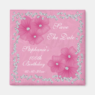 Rosa Damast & Blumen 100. Geburtstag Magnet