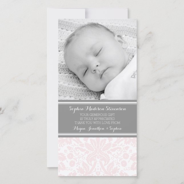Rosa Damast danken Ihnen Baby-Duschen-Foto-Karten Dankeskarte (Vorderseite)