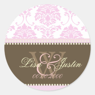 Rosa Damast-Monogramm-Hochzeitsaufkleber Runder Aufkleber