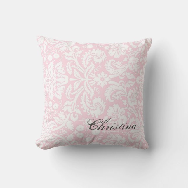 Rosa Damast-Muster-Monogramm-Kissen Kissen (Vorderseite)