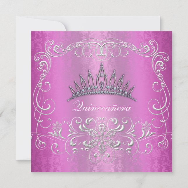 Rosa Damast Quinceanera Diamant-Tiara laden ein Einladung (Vorderseite)