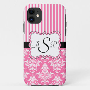 Rosa Damast Stripes personalisiertes Monogramm Case-Mate iPhone Hülle