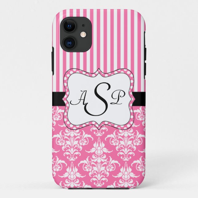 Rosa Damast Stripes personalisiertes Monogramm Case-Mate iPhone Hülle (Rückseite)