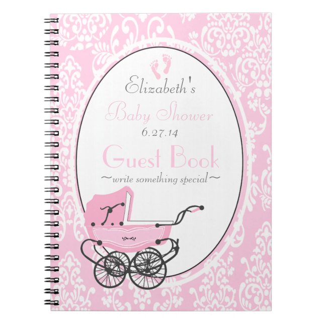 Rosa Damast-und Wagen-Babyparty-Gast-Buch Notizblock (Vorderseite)