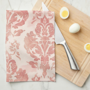 Rosa Damast-Wasserfarben-Blumen-Vintage-Muster Geschirrtuch