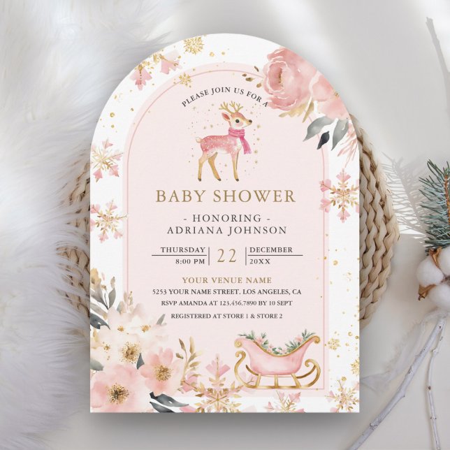 Rosa Deer Winter Wonderland Arch Baby Dusche Einladung (Von Creator hochgeladen)