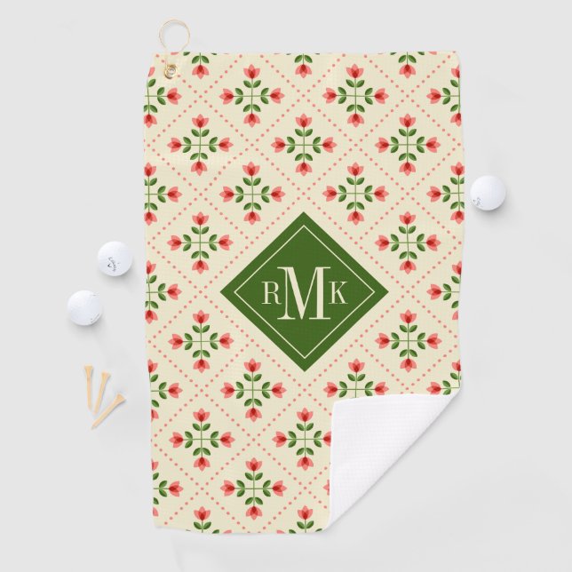 Rosa des Monogramm-| u. grüne Steppdecken-mit Golfhandtuch (Insitu)