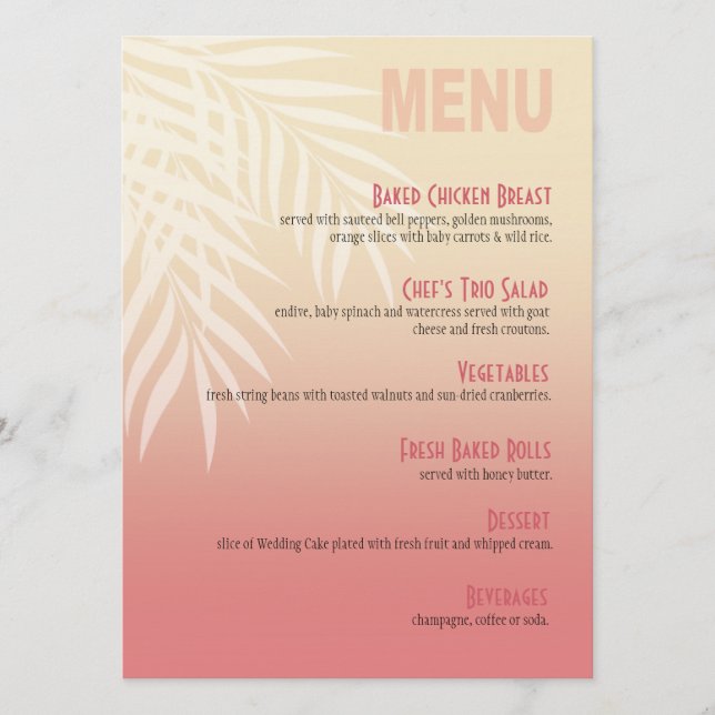 Rosa des Sommer-Brisen-Strand-Abendessen-Menüs | Menükarte (Vorderseite)
