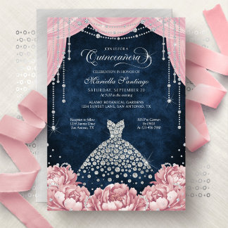 Rosa Diamant Blumen Quinceanera Einladung