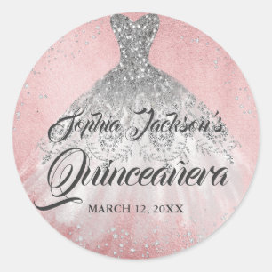 Rosa Diamant Glitzerkleid Quinceanera Runder Aufkleber