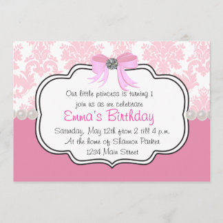 Rosa Diamanten und Perlen-Damast-Einladung Einladung