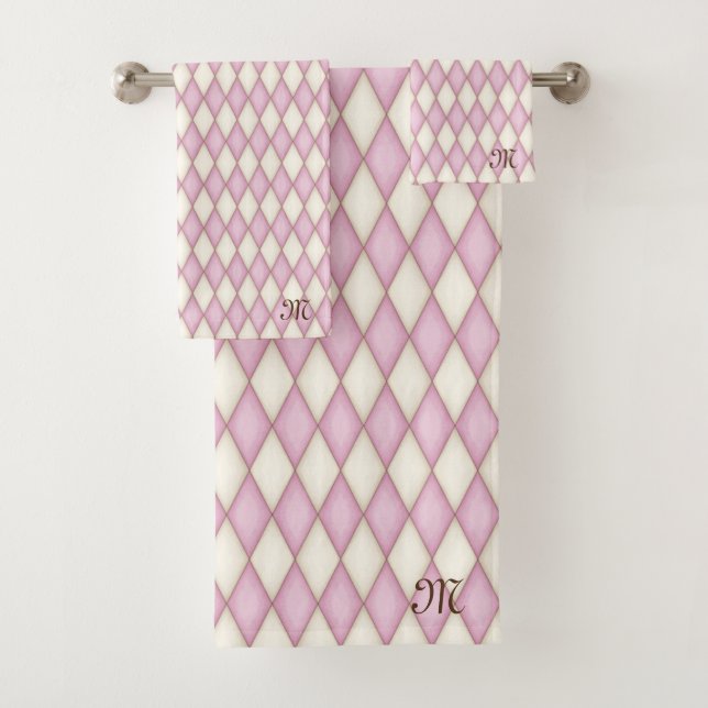 Rosa Diamond Karo Personalisiert Monogram Girls Badhandtuch Set (Insitu)