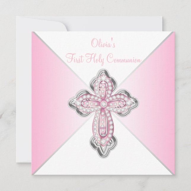 Rosa Diamond Kreuz Rosa Erste heilige Kommune Einladung (Vorderseite)