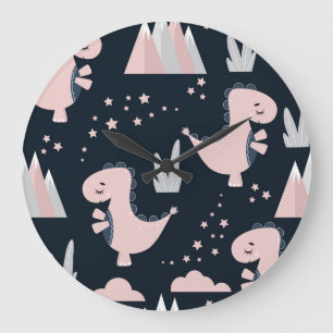 Rosa Dinosaurier, dunkler Hintergrund, süß Große Wanduhr