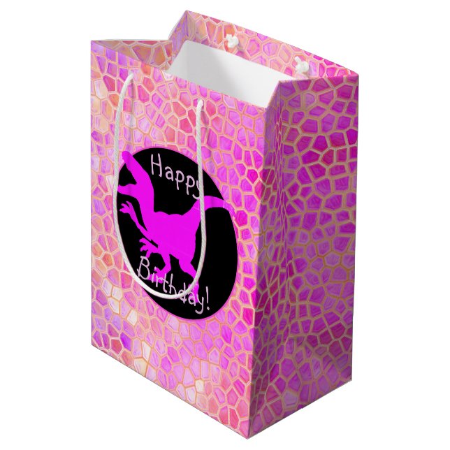 Rosa Dinosaurier Hide Happy Birthday! Mittlere Geschenktüte (Rückseite Schrägansicht)