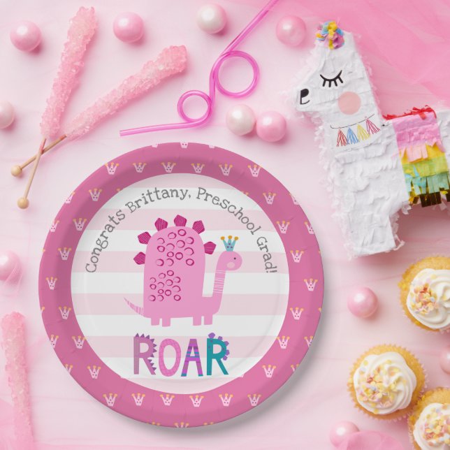 Rosa Dinosaurier Mädchen Vorschulabschluss Whimsic Pappteller (Party)