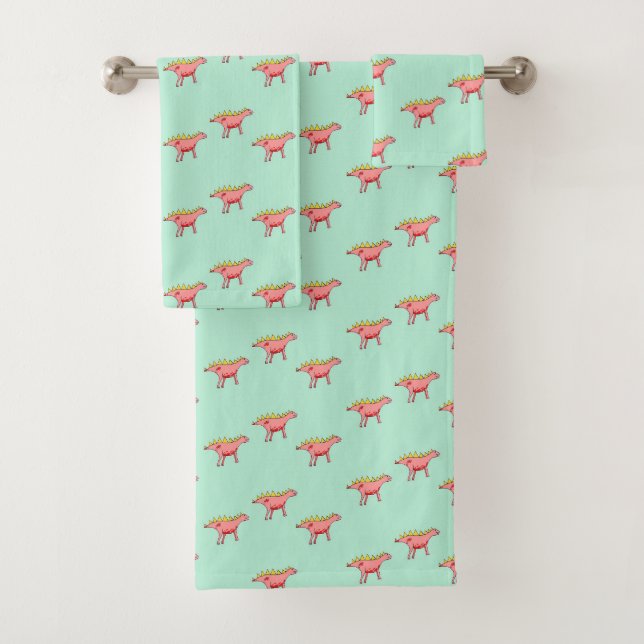 Rosa Dinosaurier-Muster auf blass blau Badhandtuch Set (Insitu)