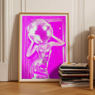 Rosa Disco Ball Mädchen Kopf Poster, Mädchenhaftes Poster