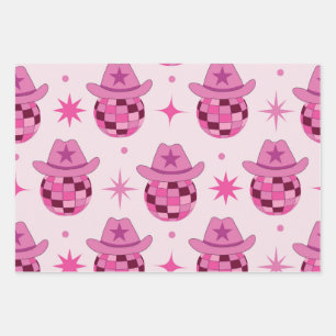 Rosa Disco-Cowgirl-Hut-Muster mit Sternen Geschenkpapier Set