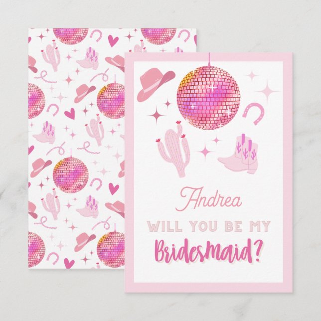 Rosa Disco Cowgirl Rodeo Be my Bridesmaid Begleitkarte (Vorne/Hinten)