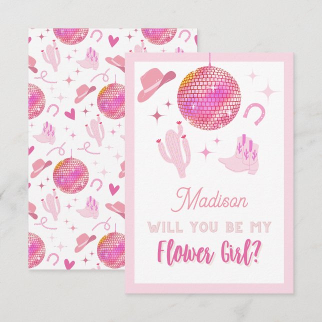 Rosa Disco Cowgirl Rodeo Be my Flower Girl Begleitkarte (Vorne/Hinten)