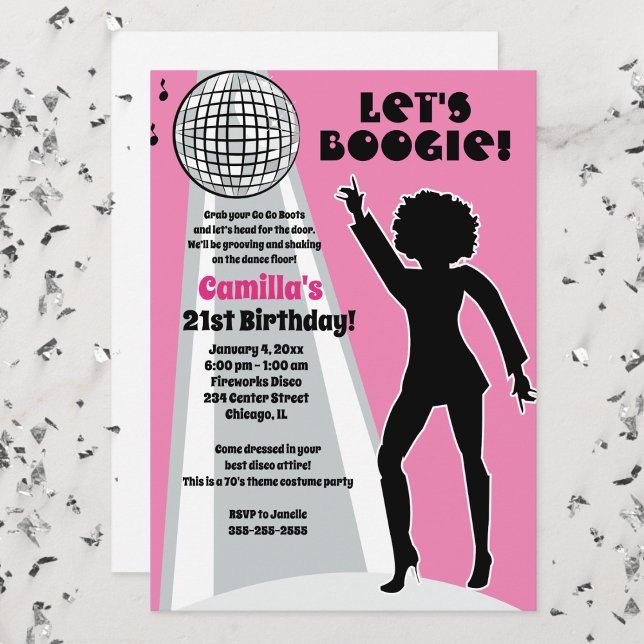 Rosa Disco Party Frauen Geburtstagsboogie Einladung (Disco Birthday Party Invitation in Pink and Silver)