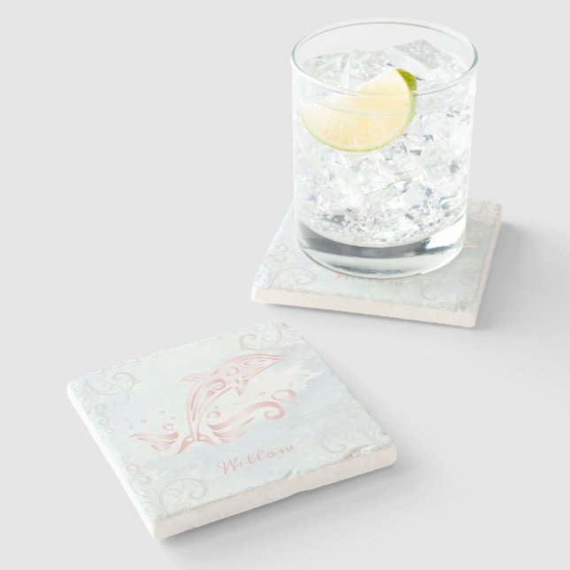 Rosa Dolphin Personalisiert Stone Untersetzer (Seitenansicht)