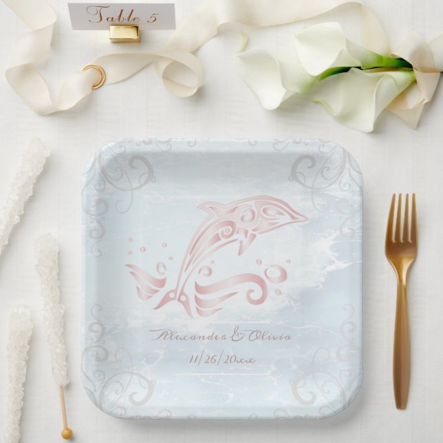 Rosa Dolphin Polterabend Papierplatte Pappteller (Hochzeit)