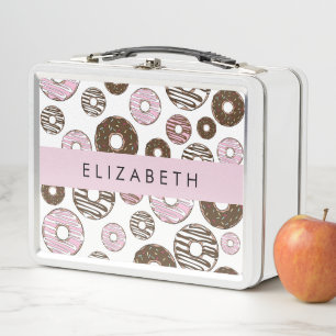 Rosa Donuts, braune Donuts, Sprinklen, Ihr Name Metall Brotdose