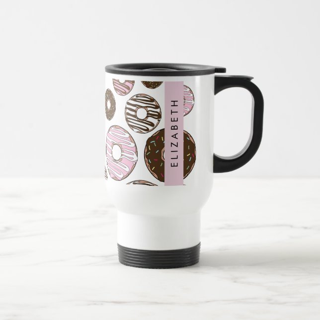 Rosa Donuts, braune Donuts, Sprinklen, Ihr Name Reisebecher (Rechts)