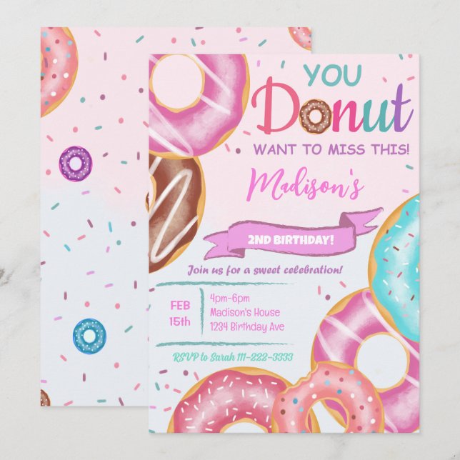Rosa Donuts Einladung zum Geburtstag (Vorne/Hinten)