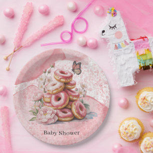 Rosa Donuts & Florale Schmetterlings-Girl-Baby-Par Pappteller