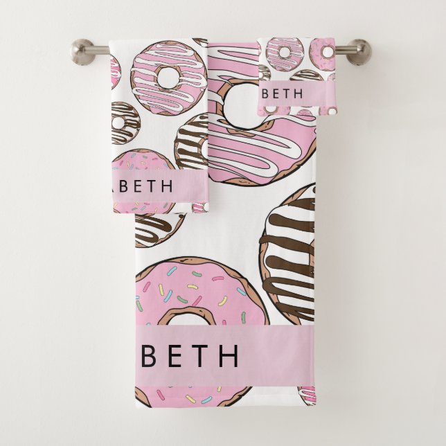 Rosa Donuts, weiße Donuts, Sprinklen, Ihr Name Badhandtuch Set (Insitu)