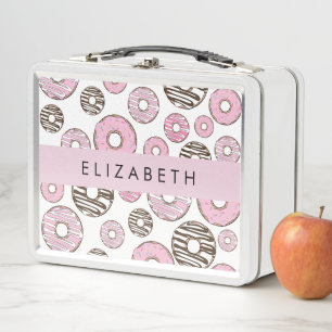 Rosa Donuts, weiße Donuts, Sprinklen, Ihr Name Metall Brotdose