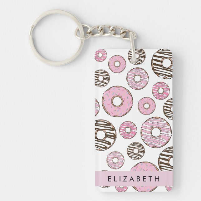 Rosa Donuts, weiße Donuts, Sprinklen, Ihr Name Schlüsselanhänger (Vorderseite)