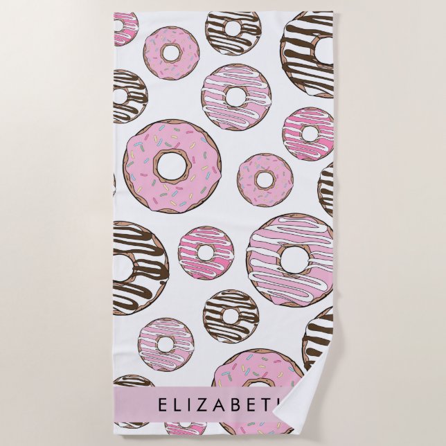 Rosa Donuts, weiße Donuts, Sprinklen, Ihr Name Strandtuch (Vorderseite)