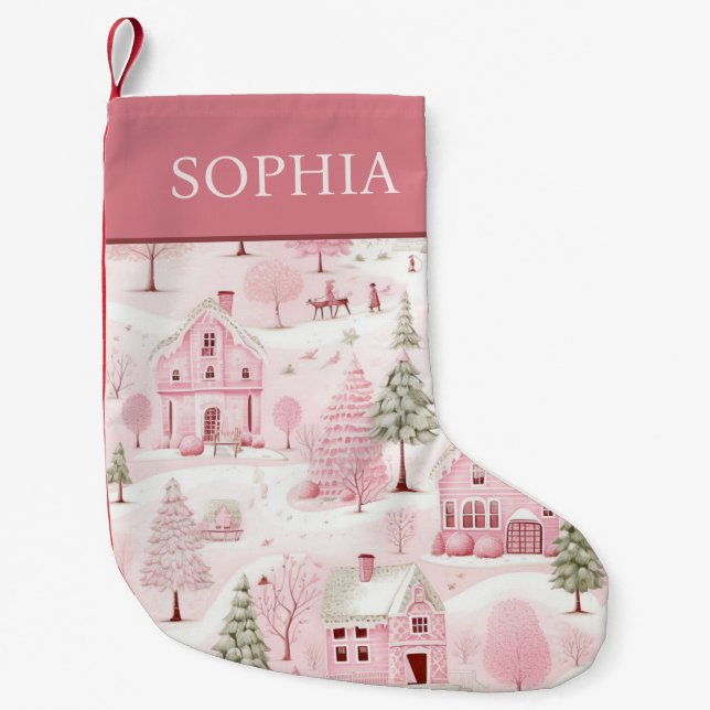 Rosa Dorf Winter Wunderland Girls Kleiner Weihnachtsstrumpf (Vorderseite)