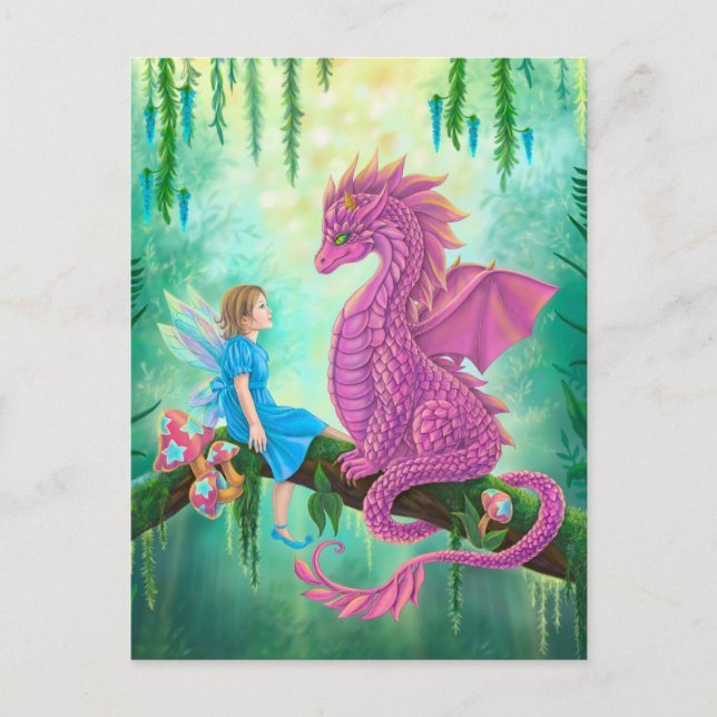 Rosa Drache und Fairy Postkarte (Vorderseite)