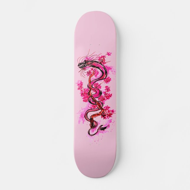 Rosa Drachen und Blüten Skateboard (Vorderseite)