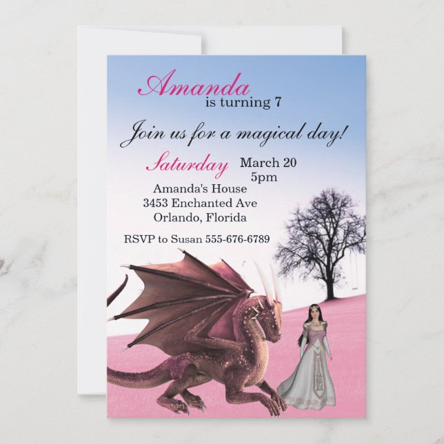 Rosa Drachenprinzessin Magische Geburtstagspartei Einladung (Vorderseite)