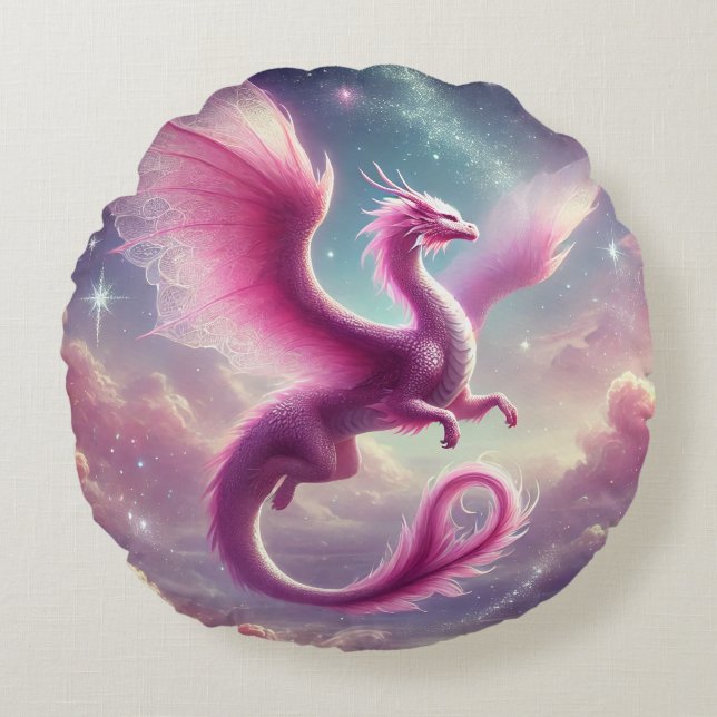 Rosa Dragon Rundes Kissen (Vorderseite)