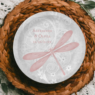 Rosa Dragonfly-Hochzeitspapier Pappteller