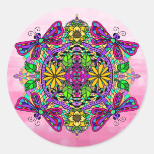 Rosa Dragonfly und Blume Mandala Handgezeichnete K Runder Aufkleber