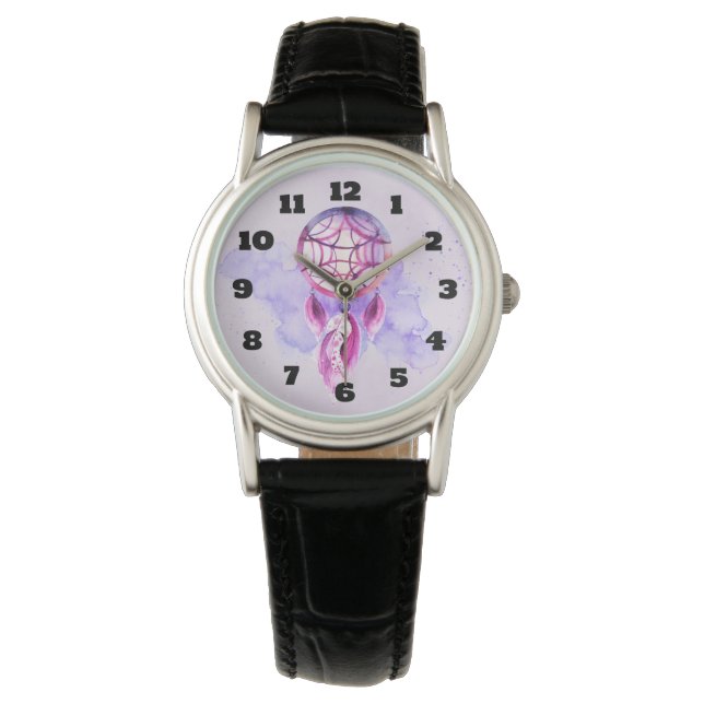 Rosa Dreamcatcher auf dem Lila Spritzer Armbanduhr (Vorderseite)