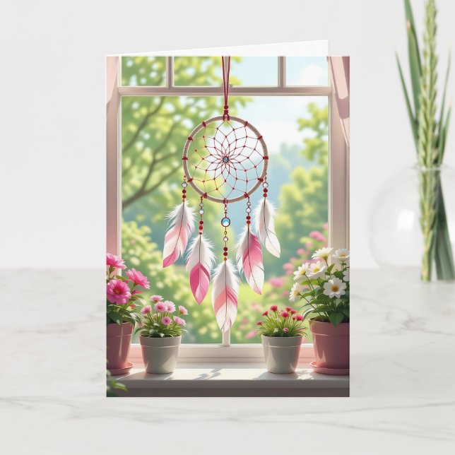 Rosa Dreamcatcher und Pflanze zum Geburtstag Karte (Vorderseite)
