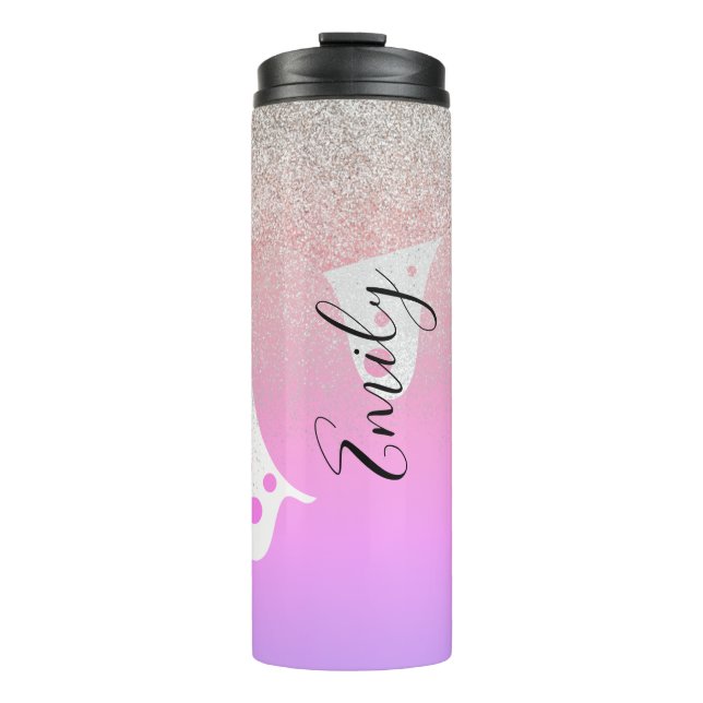 Rosa Drilling-Glitzern Mit Monogramm Name Thermosbecher (Vorderseite)