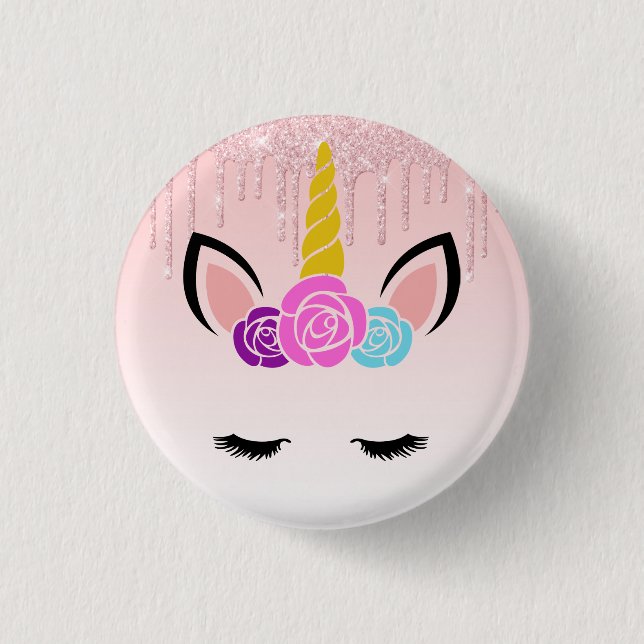 Rosa Driving Glitzer Bloral Unicoron Button (Vorderseite)