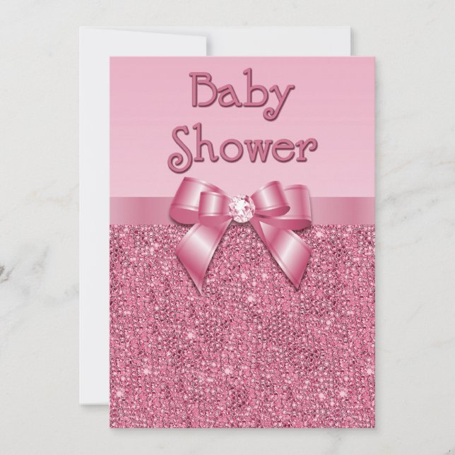 Rosa DruckPaillette und Bogen-Mädchen-Babyparty Einladung (Vorderseite)